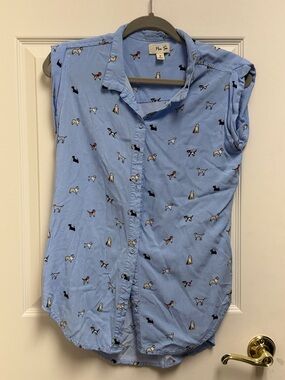 Per Se Pale Blue Dog Print Shirt